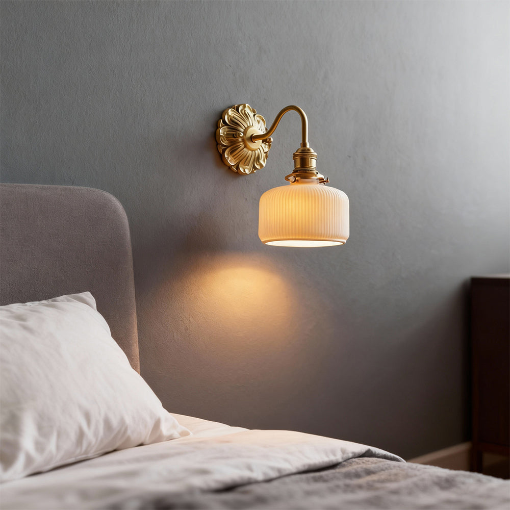 LuxRoyale Mid-Century French Countryside Brass Ceramic Wall Lamp