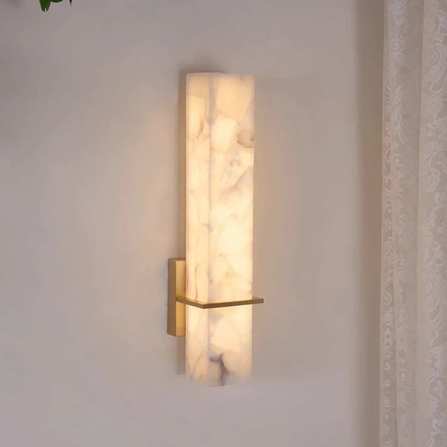 RoyaleGlow Alabaster Wall Sconce - Minimalist Cuboid Modern Brass Light Fixture for Bedroom Living Room