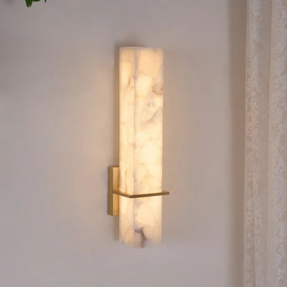 RoyaleGlow Alabaster Wall Sconce - Minimalist Cuboid Modern Brass Light Fixture for Bedroom Living Room