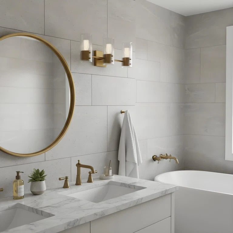 LuxRoyale Modern Ribbed Glass Column Wall Sconce with Brass Accent