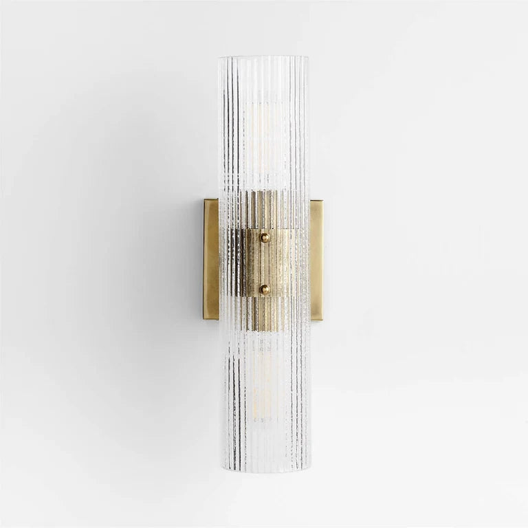 LuxRoyale Modern Ribbed Glass Column Wall Sconce with Brass Accent