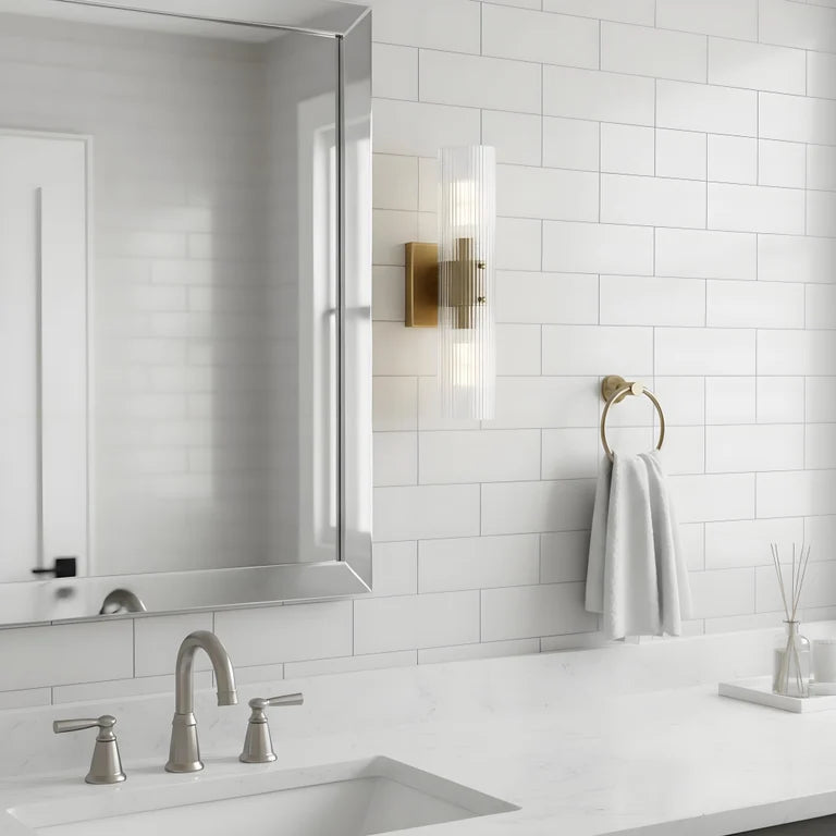 LuxRoyale Modern Ribbed Glass Column Wall Sconce with Brass Accent