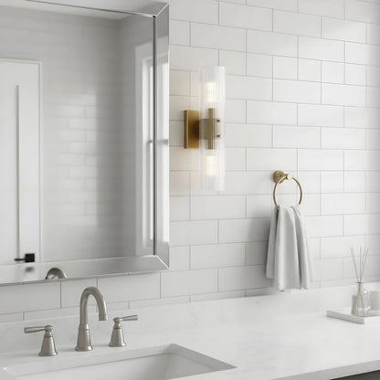 LuxRoyale Modern Ribbed Glass Column Wall Sconce with Brass Accent