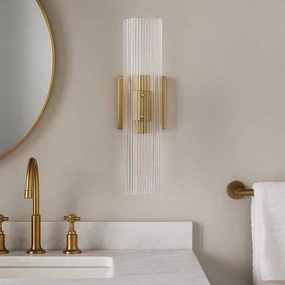 LuxRoyale Modern Ribbed Glass Column Wall Sconce with Brass Accent