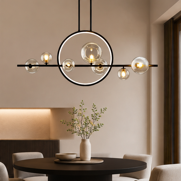 Minimalist 7-Light Glass Globe Shade Black Kitchen Island Light for Dining Room
