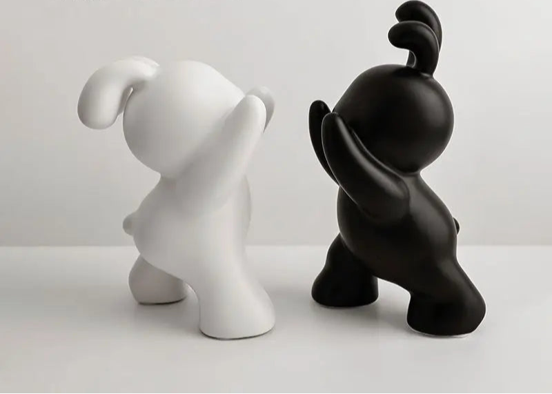 Royelux Modern Bunny Bookends - Black & White Ceramic Rabbit Statues for Shelves-Royale Basic