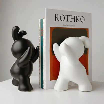 Royelux Modern Bunny Bookends - Black & White Ceramic Rabbit Statues for Shelves-Royale Basic