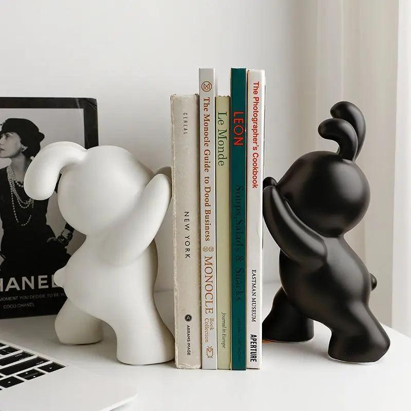 Royelux Modern Bunny Bookends - Black & White Ceramic Rabbit Statues for Shelves-Royale Basic