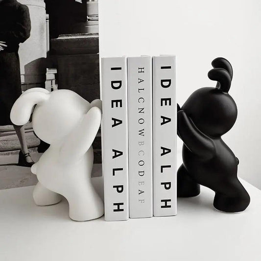 Royelux Modern Bunny Bookends - Black & White Ceramic Rabbit Statues for Shelves-Royale Basic
