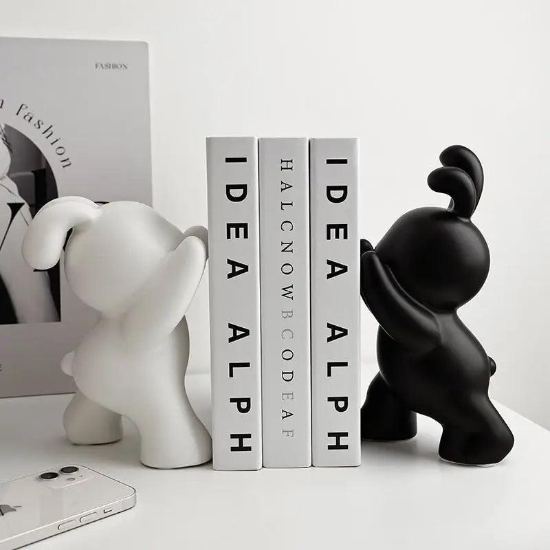 Royelux Modern Bunny Bookends - Black & White Ceramic Rabbit Statues for Shelves-Royale Basic