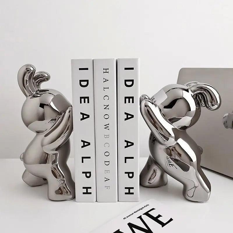 Royelux Modern Bunny Bookends - Black & White Ceramic Rabbit Statues for Shelves-Royale Basic