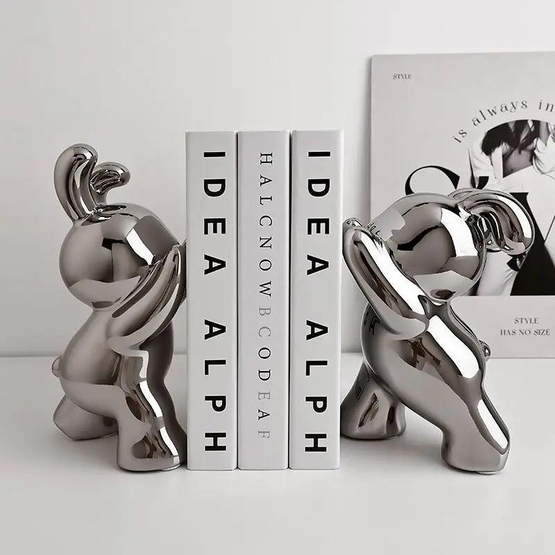 Royelux Modern Bunny Bookends - Black & White Ceramic Rabbit Statues for Shelves-Royale Basic