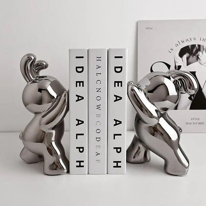 Royelux Modern Bunny Bookends - Black & White Ceramic Rabbit Statues for Shelves-Royale Basic