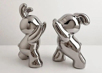 Royelux Modern Bunny Bookends - Black & White Ceramic Rabbit Statues for Shelves-Royale Basic