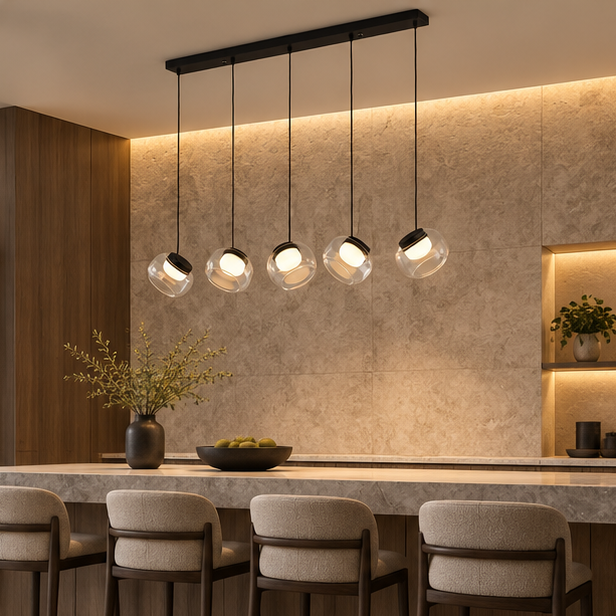 Royelux Modern Linear Chandelier Glass & Metal Pendant Light - Remote Dimmable LED Kitchen Island Fixture