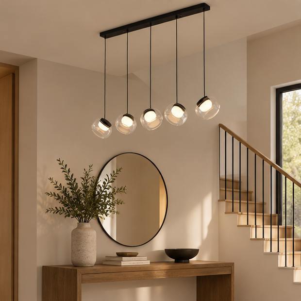 Royelux Modern Linear Chandelier Glass & Metal Pendant Light - Remote Dimmable LED Kitchen Island Fixture