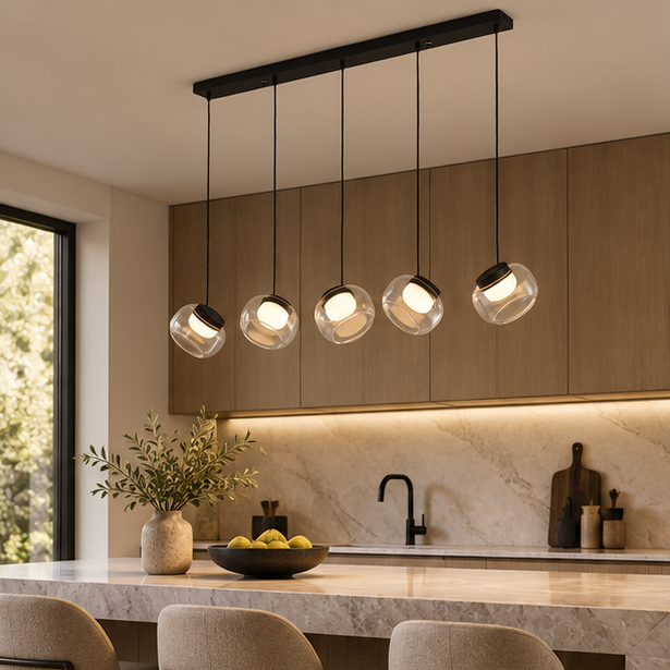 Royelux Modern Linear Chandelier Glass & Metal Pendant Light - Remote Dimmable LED Kitchen Island Fixture