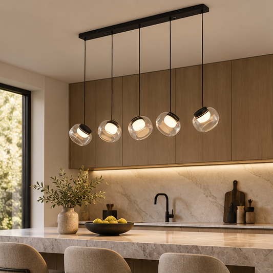 Royelux Modern Linear Chandelier Glass & Metal Pendant Light - Remote Dimmable LED Kitchen Island Fixture