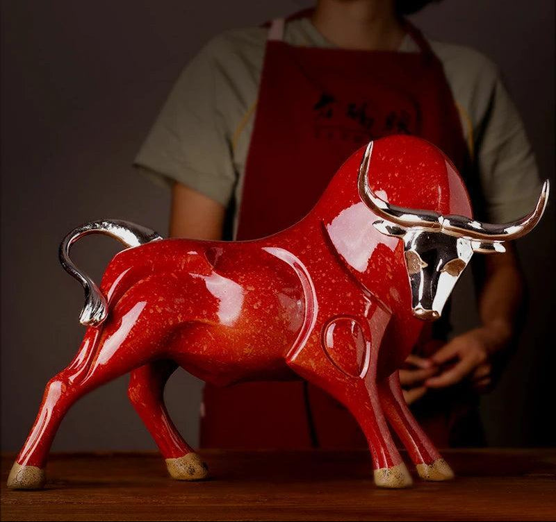 RoyaleGlow Red Charging Bull Sculpture - Modern Resin Finance Decor for Office & Home-Royale Basic