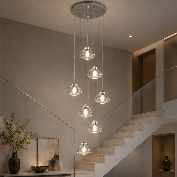Modern Luxury Crystal Cluster Chandelier Long High Ceiling Pendant for Stairs