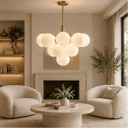 Royelux Modern Brass Globe Chandelier - Frosted Glass Hanging Ceiling Light Fixture - Royale Basic