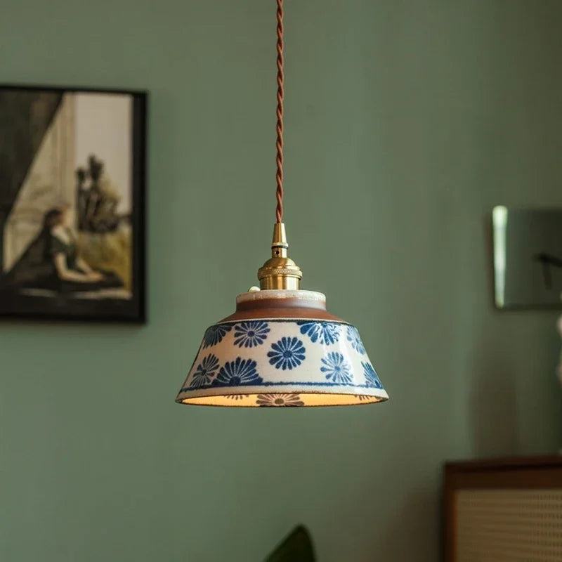 LuxRoyale Vintage Copper Freehand Painting Ceramic Pendant Lamp