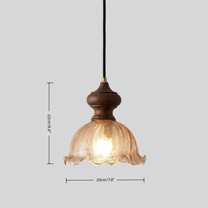 RoyaleGlow Vintage Rippled Glass Pendant Light with Brass & Wood for Kitchen & Dining Room