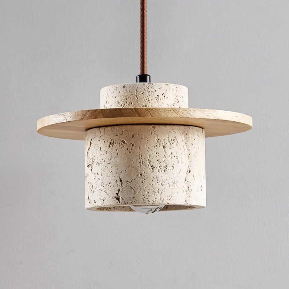 Natural Travertine Stone & Wood Hanging Light 3