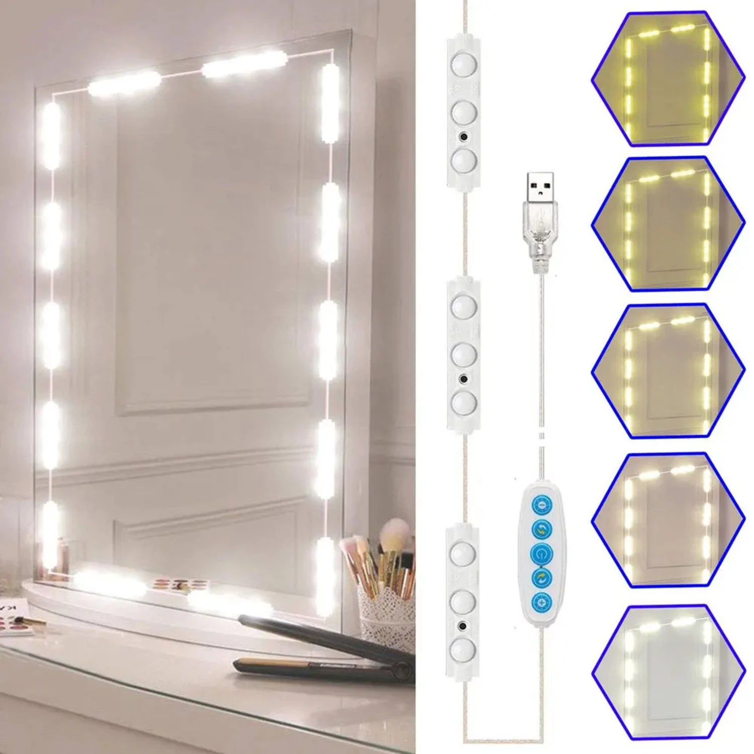 Vanity Mirror Lights - Dimmable LED Makeup Lights with 5 Colors, USB Powered - Default Title