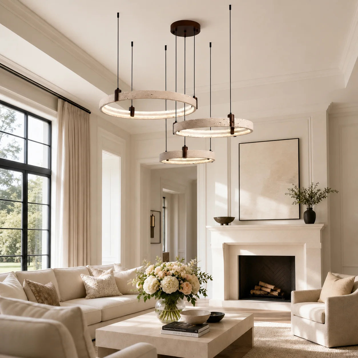 Nolan Modern Natural Travertine Stone Ring LED Chandelier 3