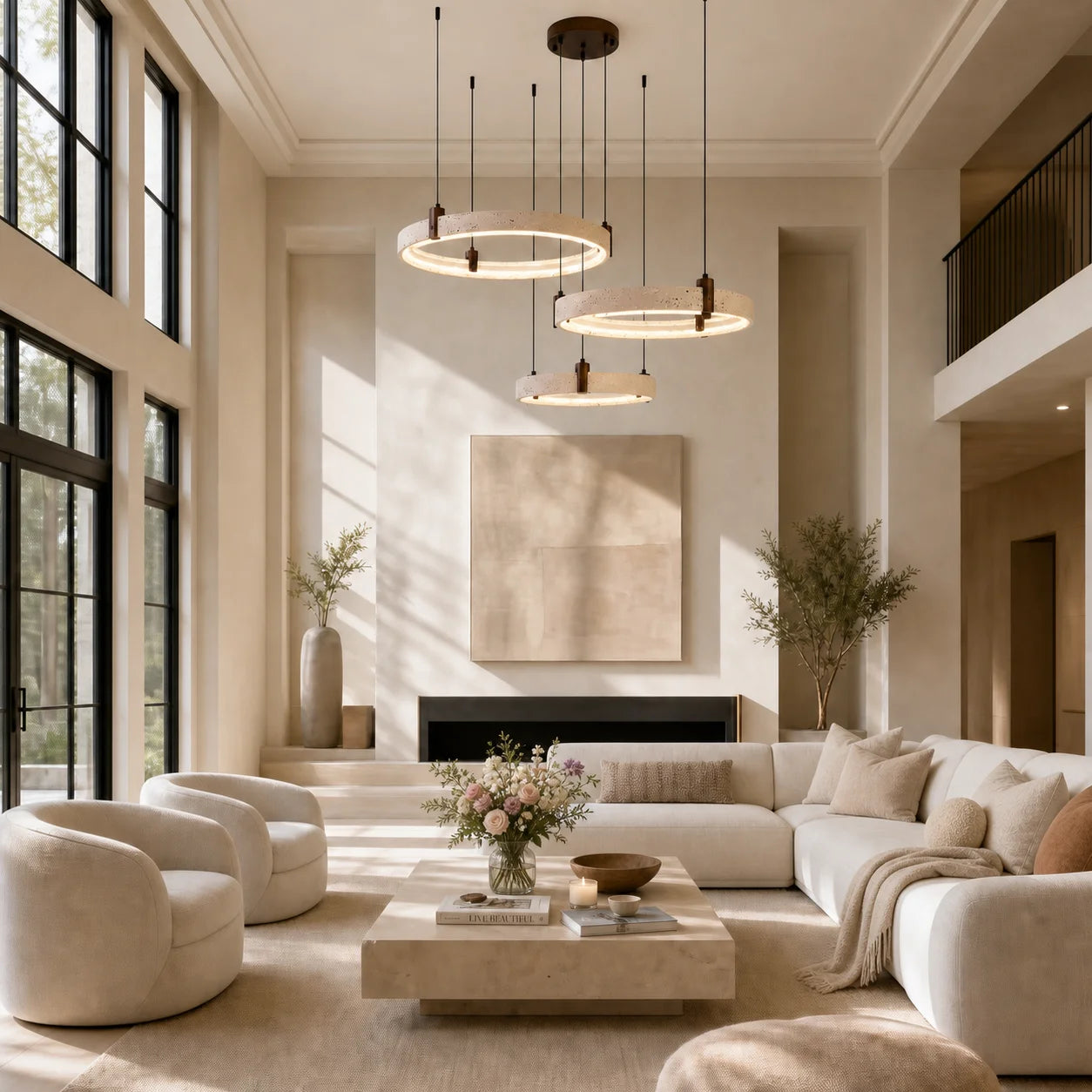Nolan Modern Natural Travertine Stone Ring LED Chandelier 5