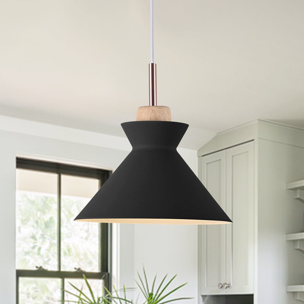Nordic 1-Light Creamy Wood Accents Cone Pendant Light For Kitchen 1
