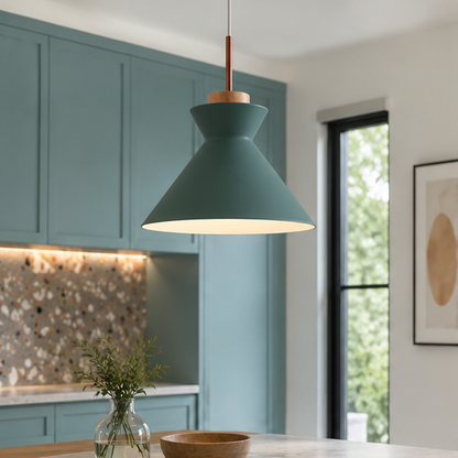 Nordic 1-Light Creamy Wood Accents Cone Pendant Light For Kitchen 1