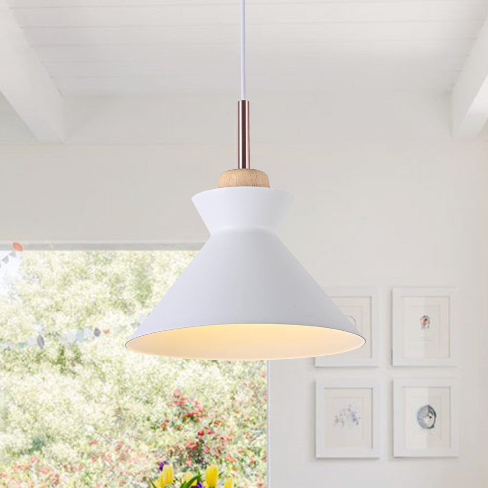 Nordic 1-Light Creamy Wood Accents Cone Pendant Light For Kitchen 2