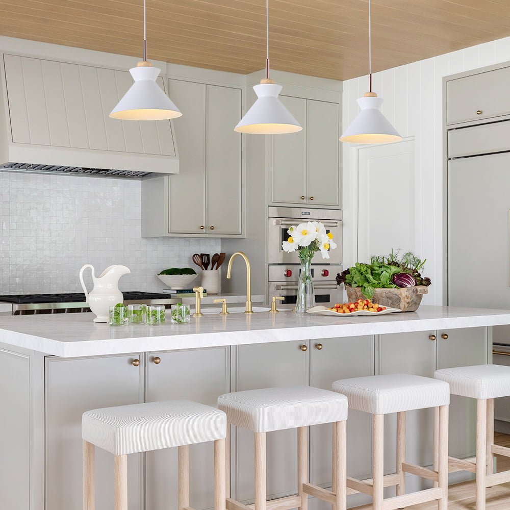 Nordic 1-Light Creamy Wood Accents Cone Pendant Light For Kitchen 6