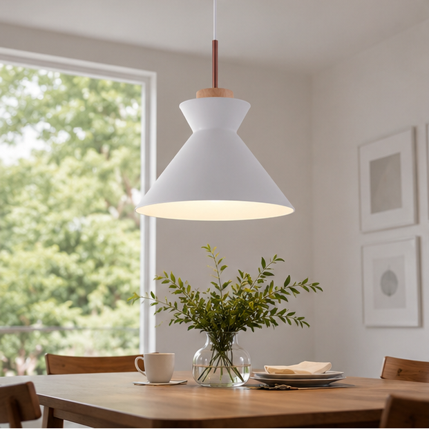 Nordic 1-Light Creamy Wood Accents Cone Pendant Light For Kitchen White