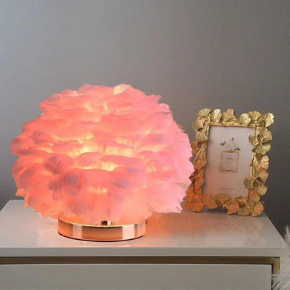 RoyaleGlow Feather Accent Table Lamp - Elegant White Plumes, Gold Base for Bedroom Decor-Royale Basic