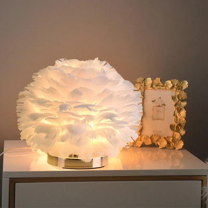 RoyaleGlow Feather Accent Table Lamp - Elegant White Plumes, Gold Base for Bedroom Decor-Royale Basic