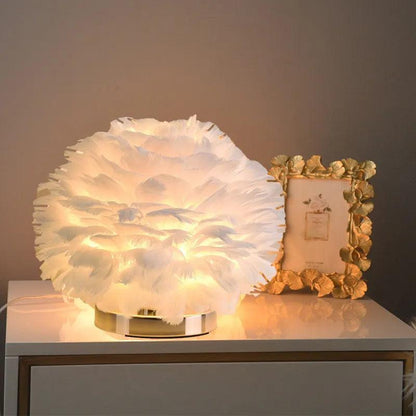 RoyaleGlow Feather Accent Table Lamp - Elegant White Plumes, Gold Base for Bedroom Decor-Royale Basic