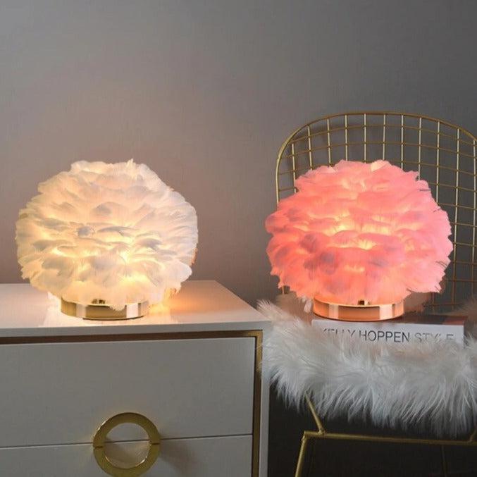 RoyaleGlow Feather Accent Table Lamp - Elegant White Plumes, Gold Base for Bedroom Decor-Royale Basic