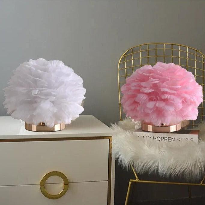 RoyaleGlow Feather Accent Table Lamp - Elegant White Plumes, Gold Base for Bedroom Decor-Royale Basic