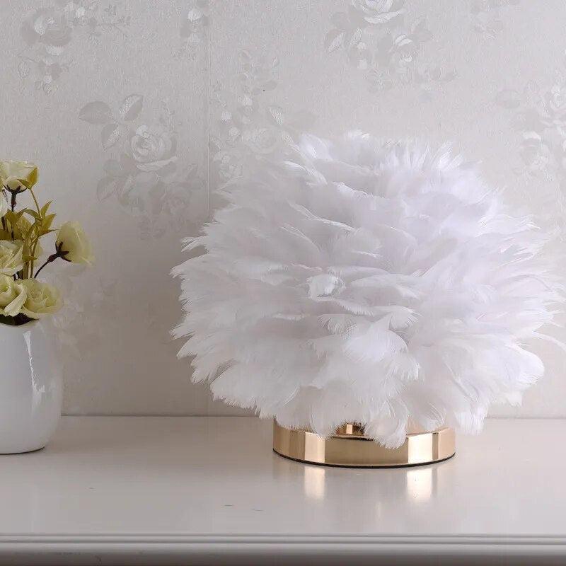 RoyaleGlow Feather Accent Table Lamp - Elegant White Plumes, Gold Base for Bedroom Decor-Royale Basic