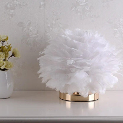 RoyaleGlow Feather Accent Table Lamp - Elegant White Plumes, Gold Base for Bedroom Decor-Royale Basic