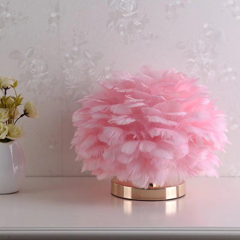 RoyaleGlow Feather Accent Table Lamp - Elegant White Plumes, Gold Base for Bedroom Decor-Royale Basic