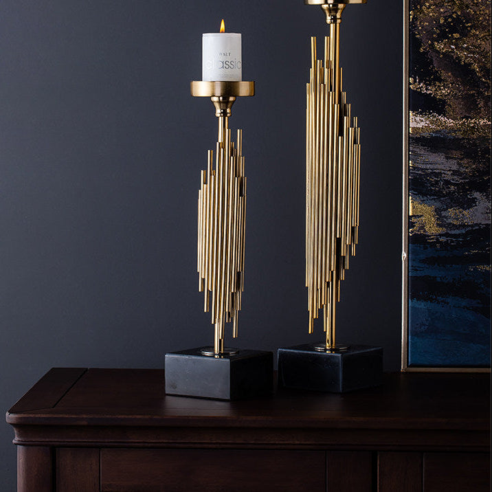 RoyaleGlow Modern Gold Metal Taper Candle Holder with Marble Base, Elegant Abstract Design