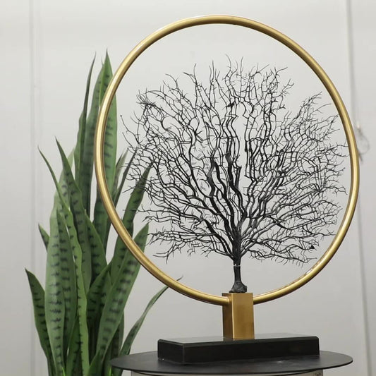 RoyaleGlow Vintage Style Tabletop Tree Sculpture - Gold Ring & Metal Silhouette Art
