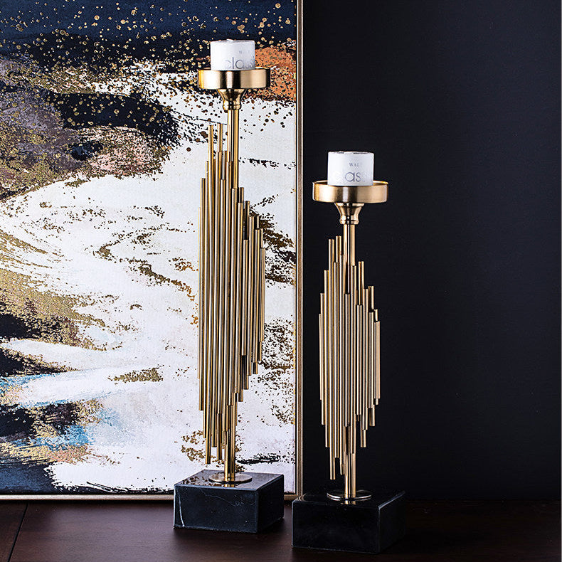 RoyaleGlow Modern Gold Metal Taper Candle Holder with Marble Base, Elegant Abstract Design