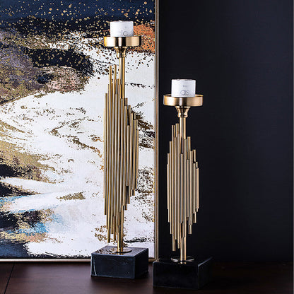 RoyaleGlow Modern Gold Metal Taper Candle Holder with Marble Base, Elegant Abstract Design
