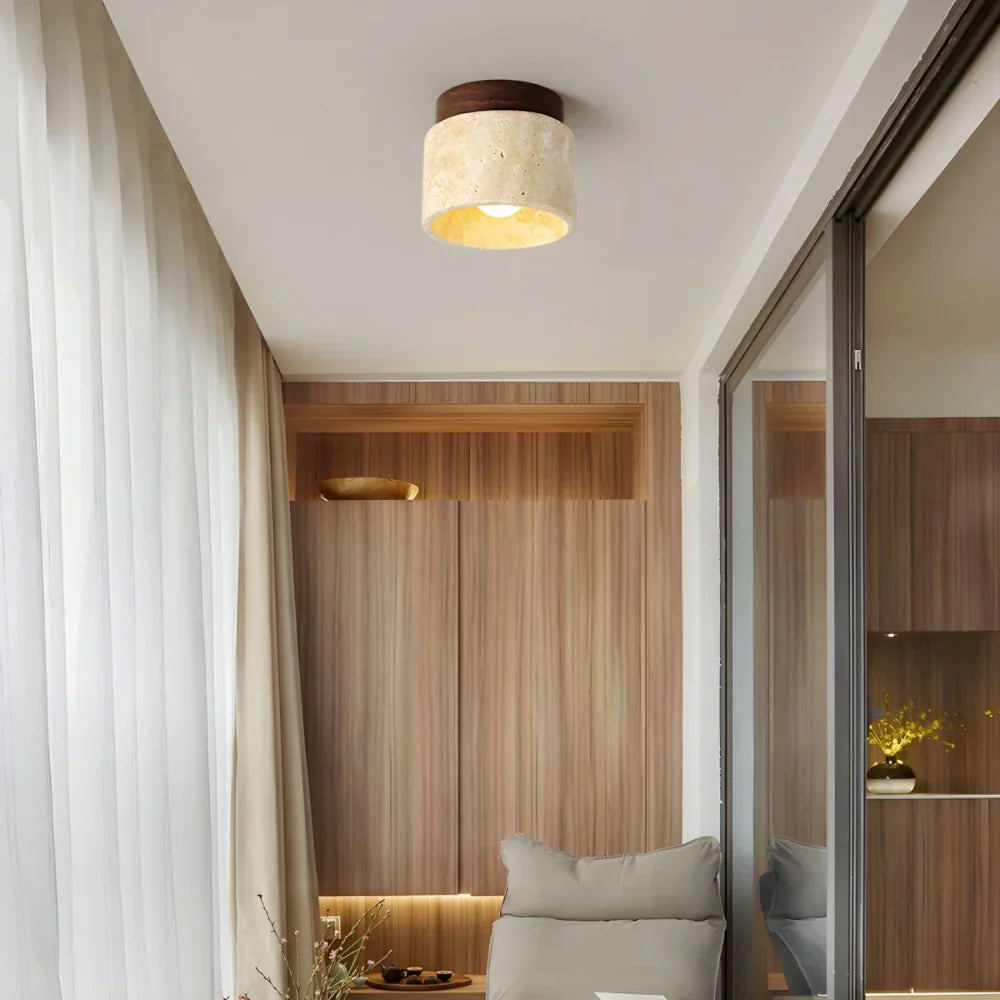 RoyaleGlow Japandi Travertine Wood LED Flush Mount Ceiling Light - Modern Minimalist