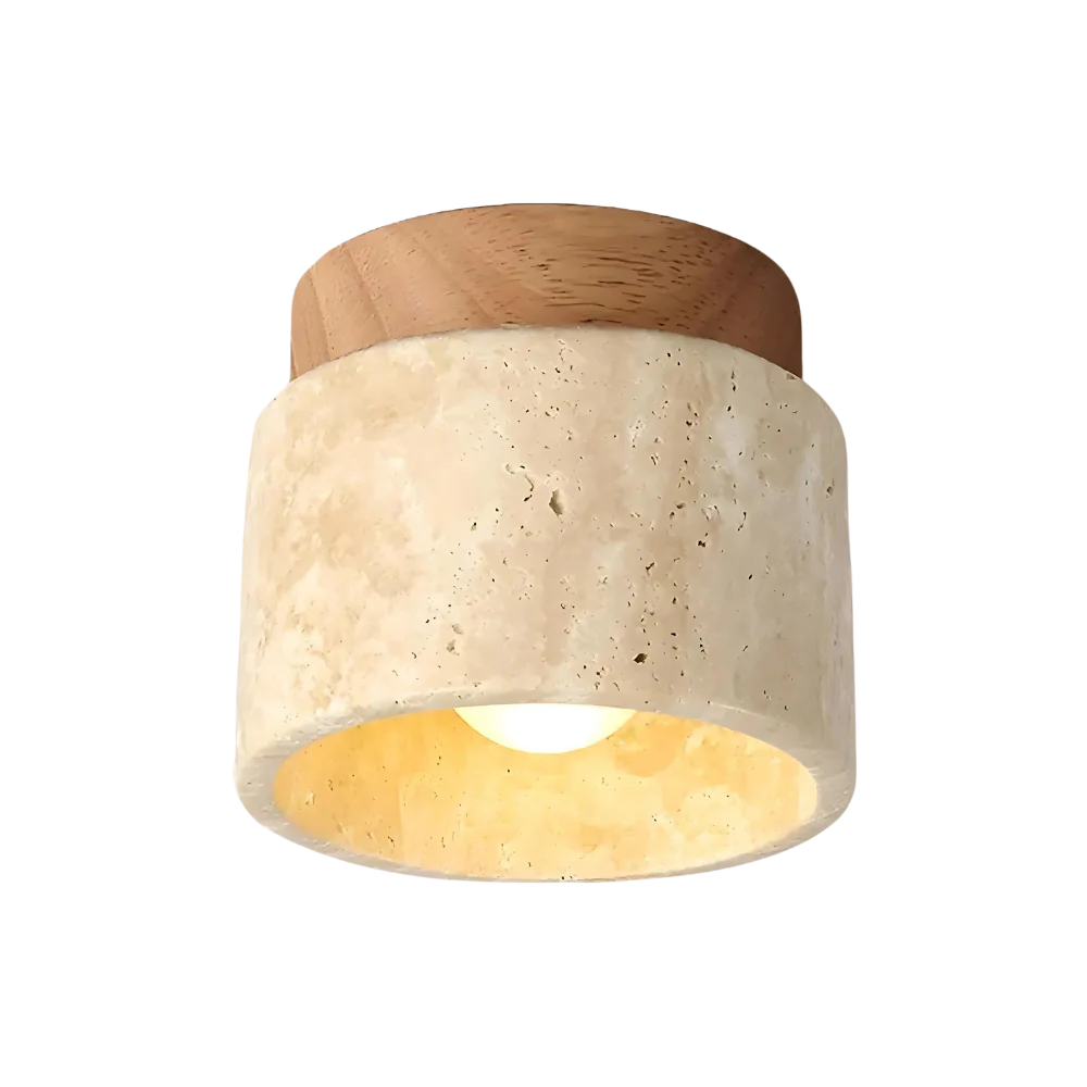 RoyaleGlow Japandi Travertine Wood LED Flush Mount Ceiling Light - Modern Minimalist
